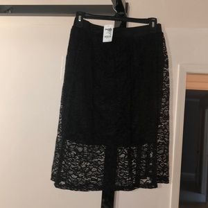 Black lace A-line skirt.